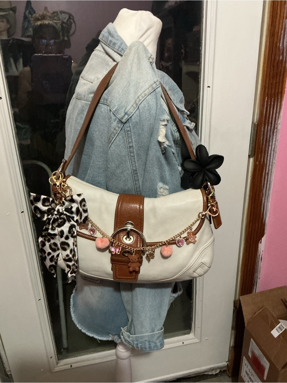 Coach White and Brown Shoulder Bag with Charm Chain